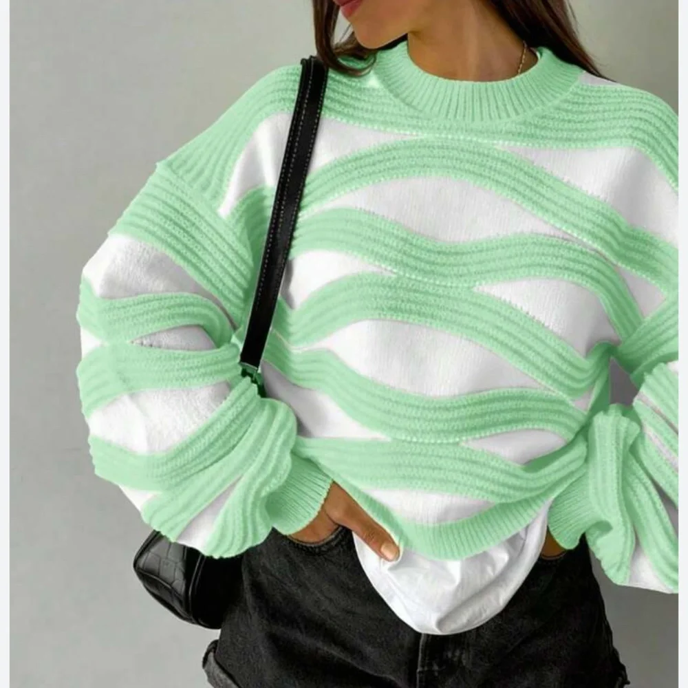 Shein Round Neck Wave Striped Contrast Color Long Sleeve Sweater